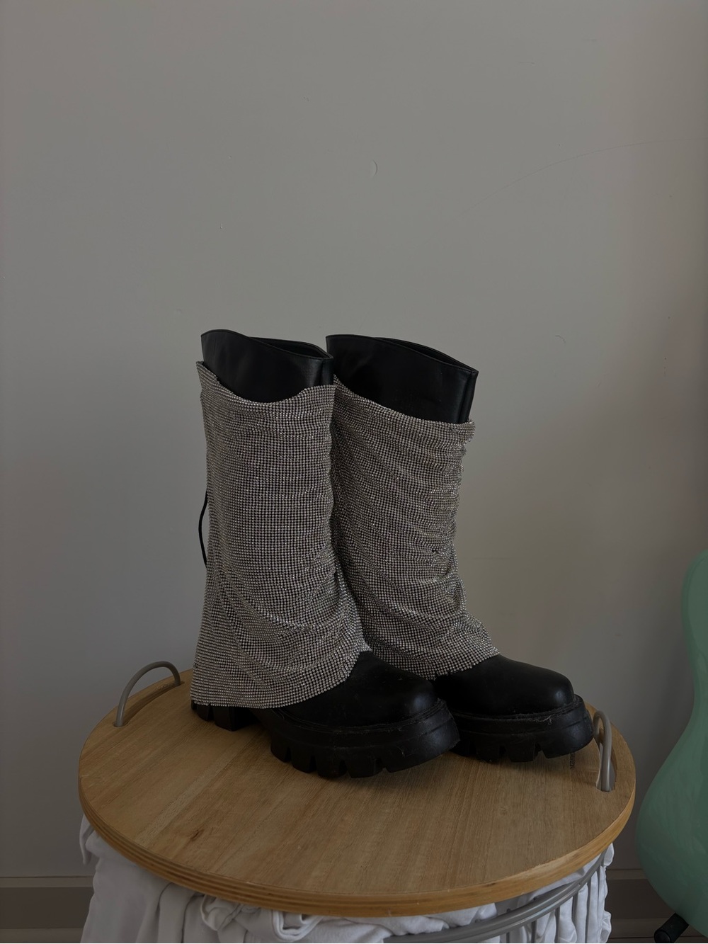 Dolls Kill Black Leather and Silver Mesh Mid-Calf Boots